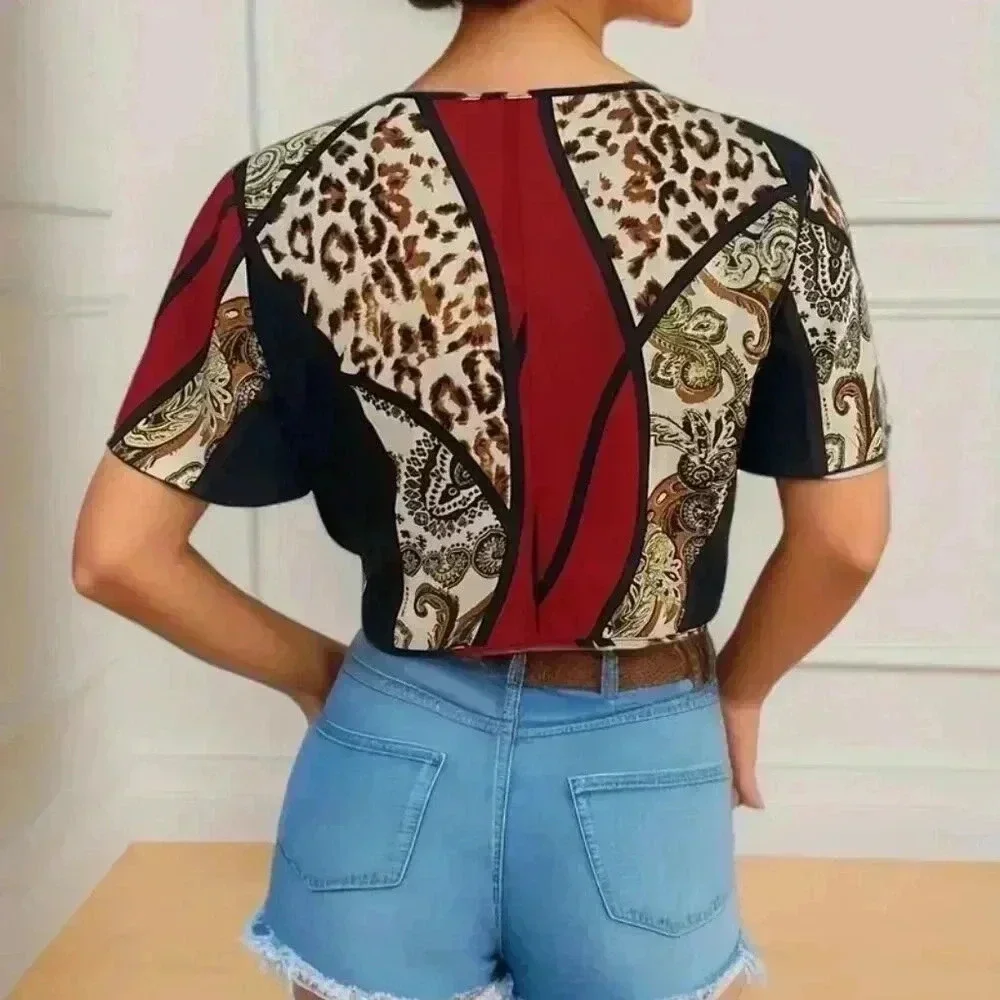Sexy Tie Front V-neck Crop Blouse (Color: Mixed Color)
